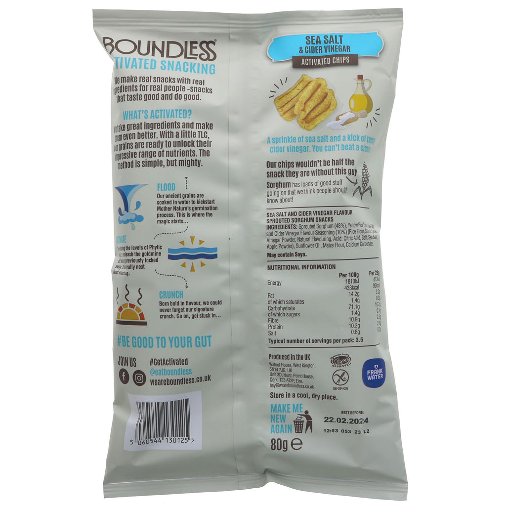 Gluten-free, vegan Sea Salt & Cider Vinegar chips by Boundless. Enjoy the tangy flavor and crunch as a guilt-free snack.