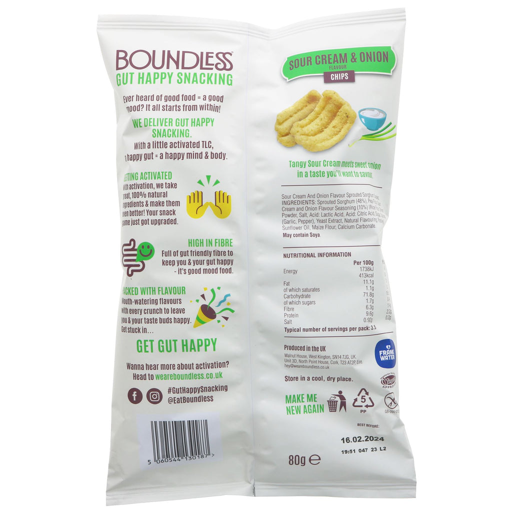 Gluten-free, vegan Sour Cream & Onion Chips by Boundless. Enjoy the tangy flavor without compromising your dietary preferences.