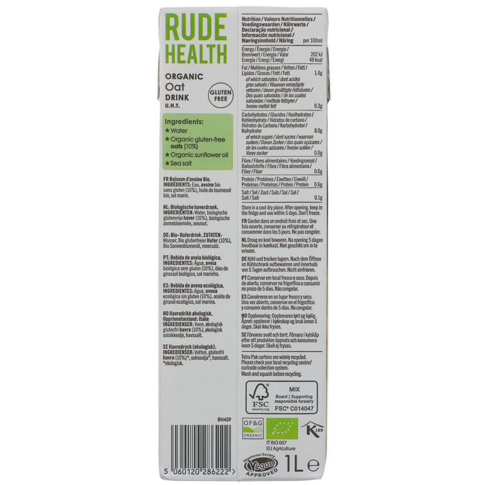 Rude Health Oat Drink - No Sugars: organic, gluten-free, vegan. Perfect for coffee or smoothies. Natural sweetness, no added sugar.