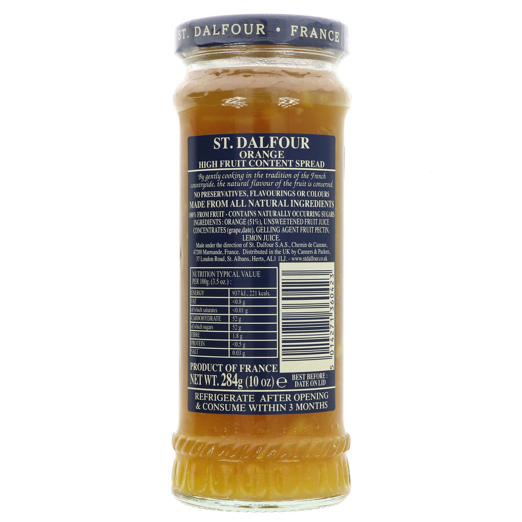 St Dalfour Thick Cut Orange Spread: gluten-free, vegan, and sweetened with fruit juice. Perfect on toast, scones, or in recipes.