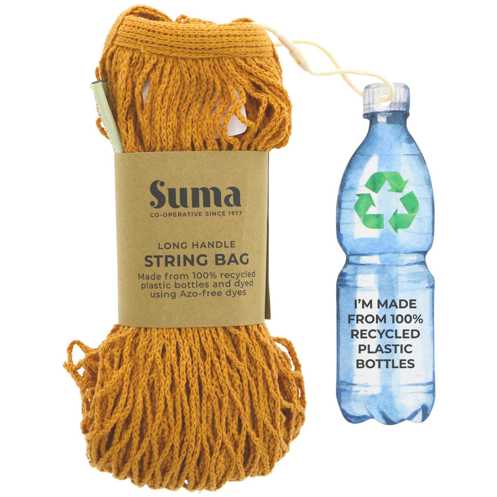 Eco-friendly String Bag-Lg Handles-Pumpkin made from recycled plastic bottles. Vegan & perfect for trips to the beach or grocery shopping.