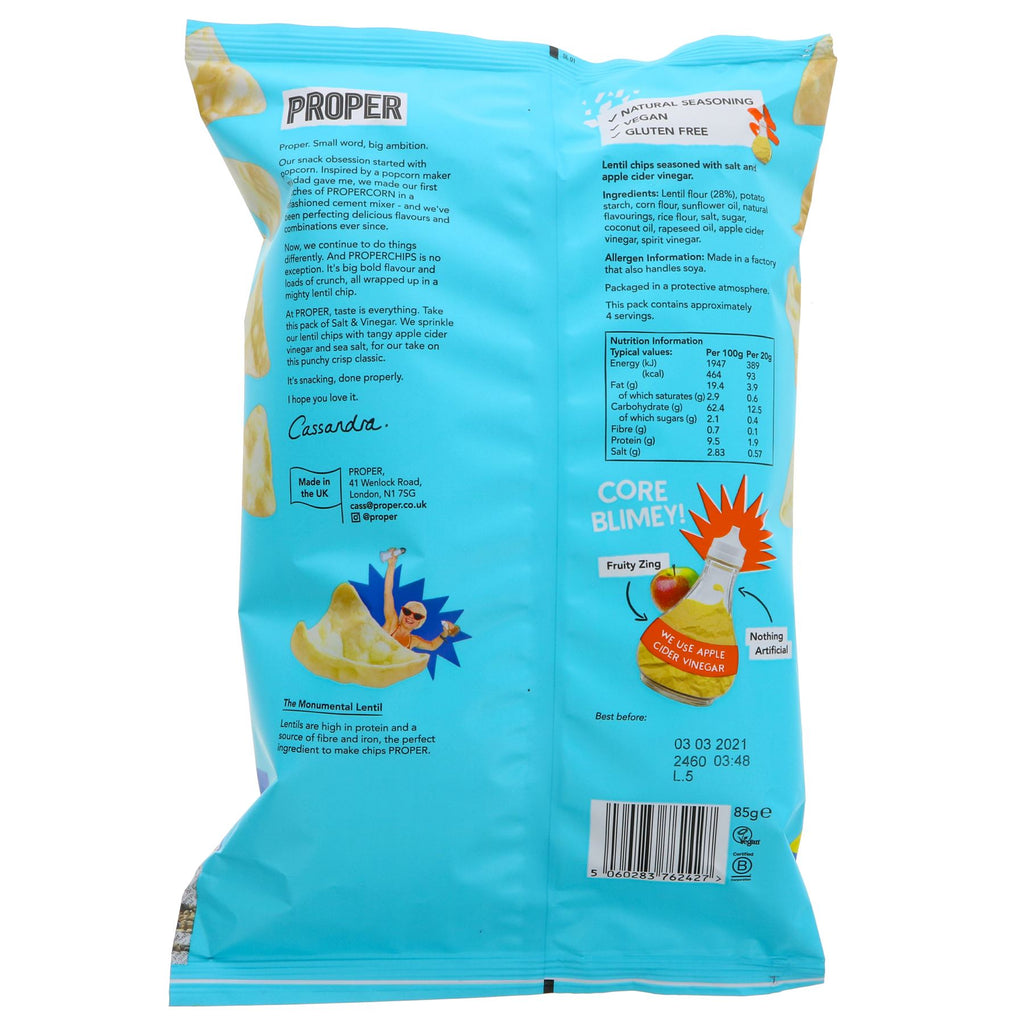 Properchips Salt & Vinegar Lentil Chips: Tangy & crunchy, with 30% less fat & no added sugar. Vegan & gluten-free. Shop now.