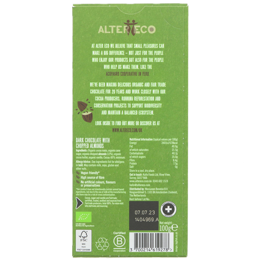 Organic Fairtrade vegan Dark Chocolate with Almond, 100g - no added sugar, perfect for snacking or recipes.