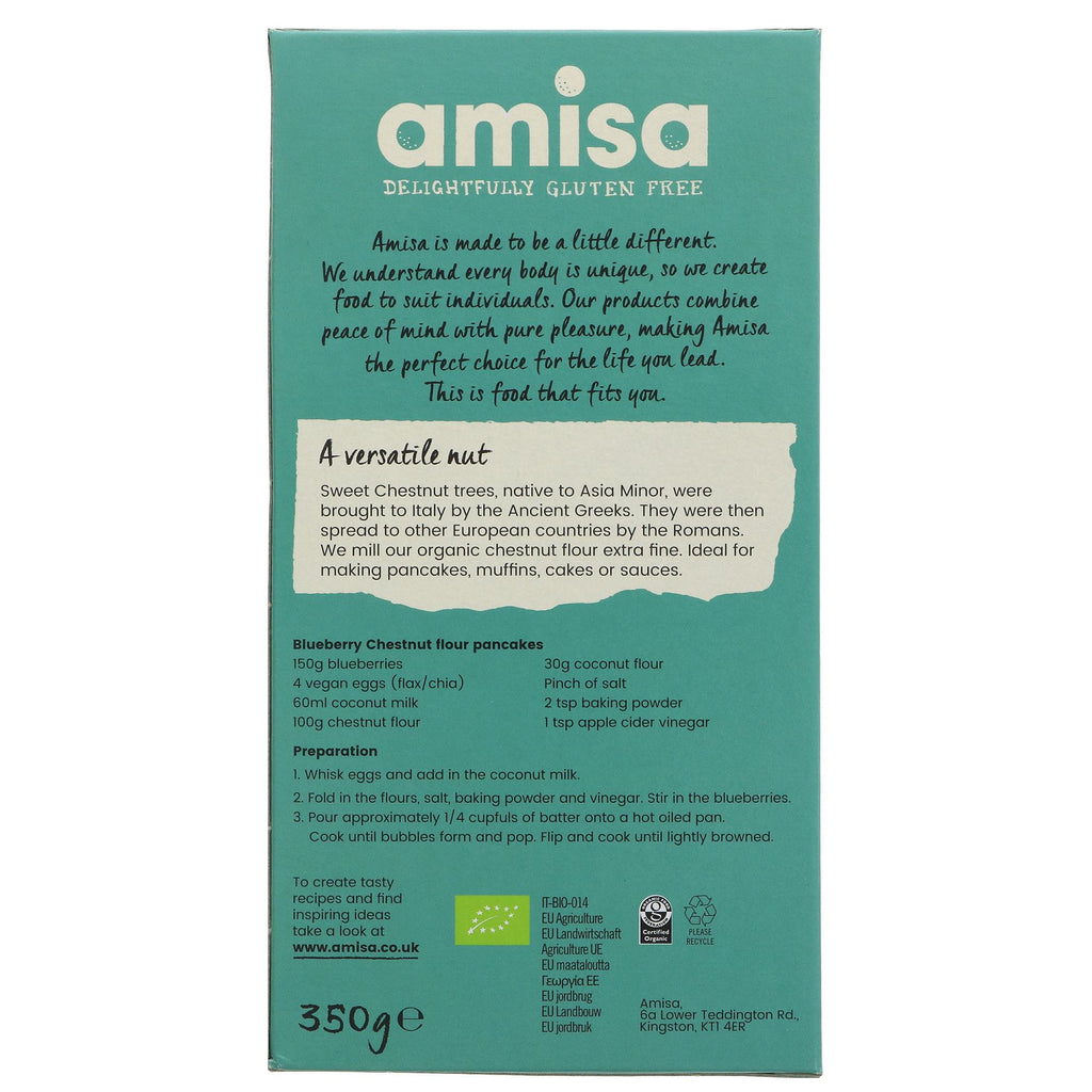 Organic, gluten-free chestnut flour - perfect for baking and cooking. Vegan-friendly. From Amisa - 350g.