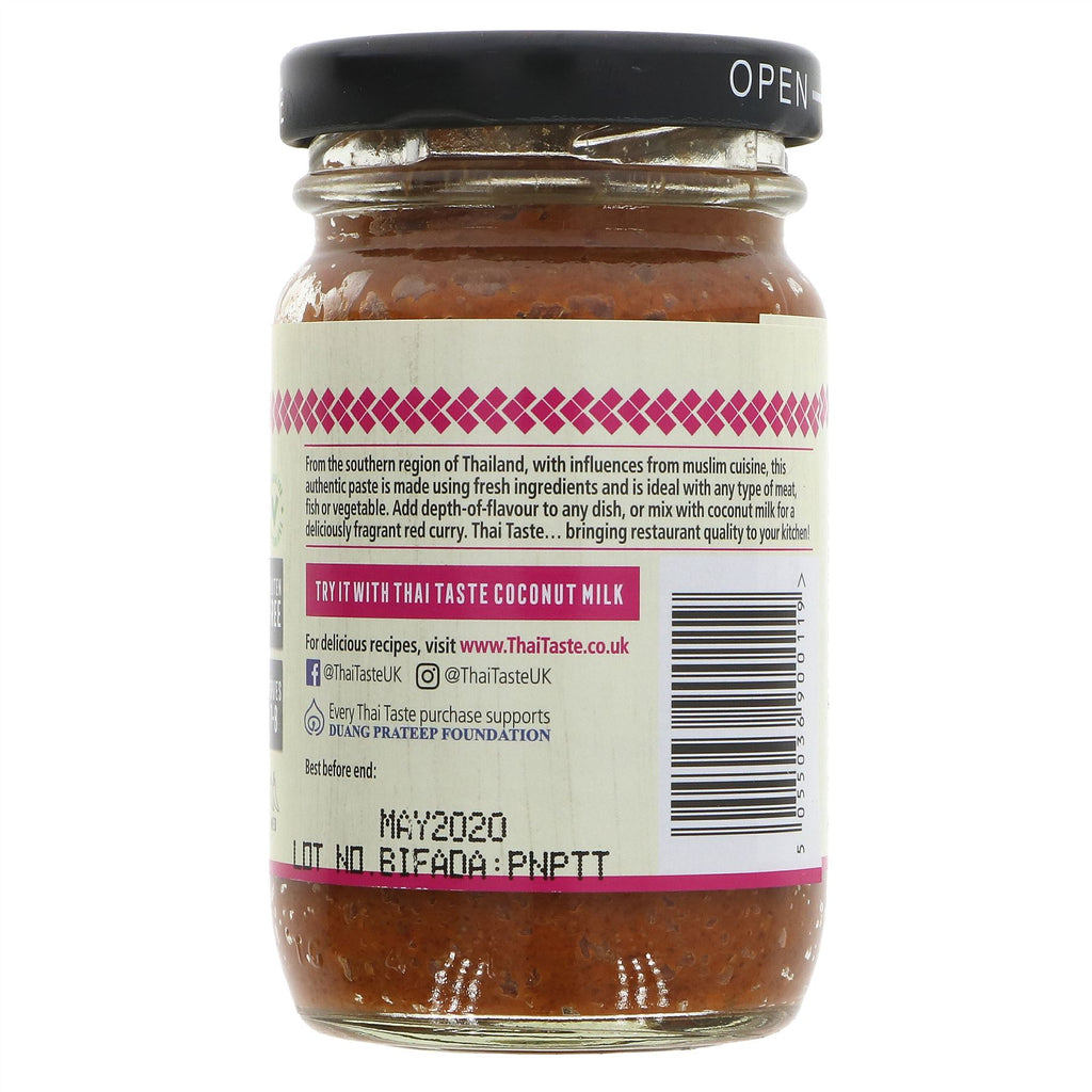Thai Taste's Red Curry Paste - Panang, gluten-free and vegan. Add authentic Thai flavor to your dishes - meat, fish or vegetable - or mix with coconut milk for Panang curry.