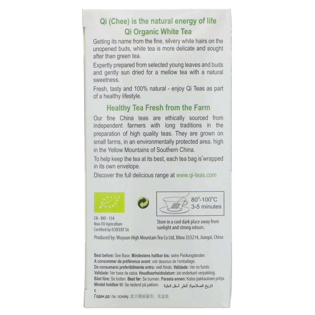 Fairtrade, organic, vegan white tea: delicate and sweet, perfect for a relaxing afternoon. 25 bags. No VAT.