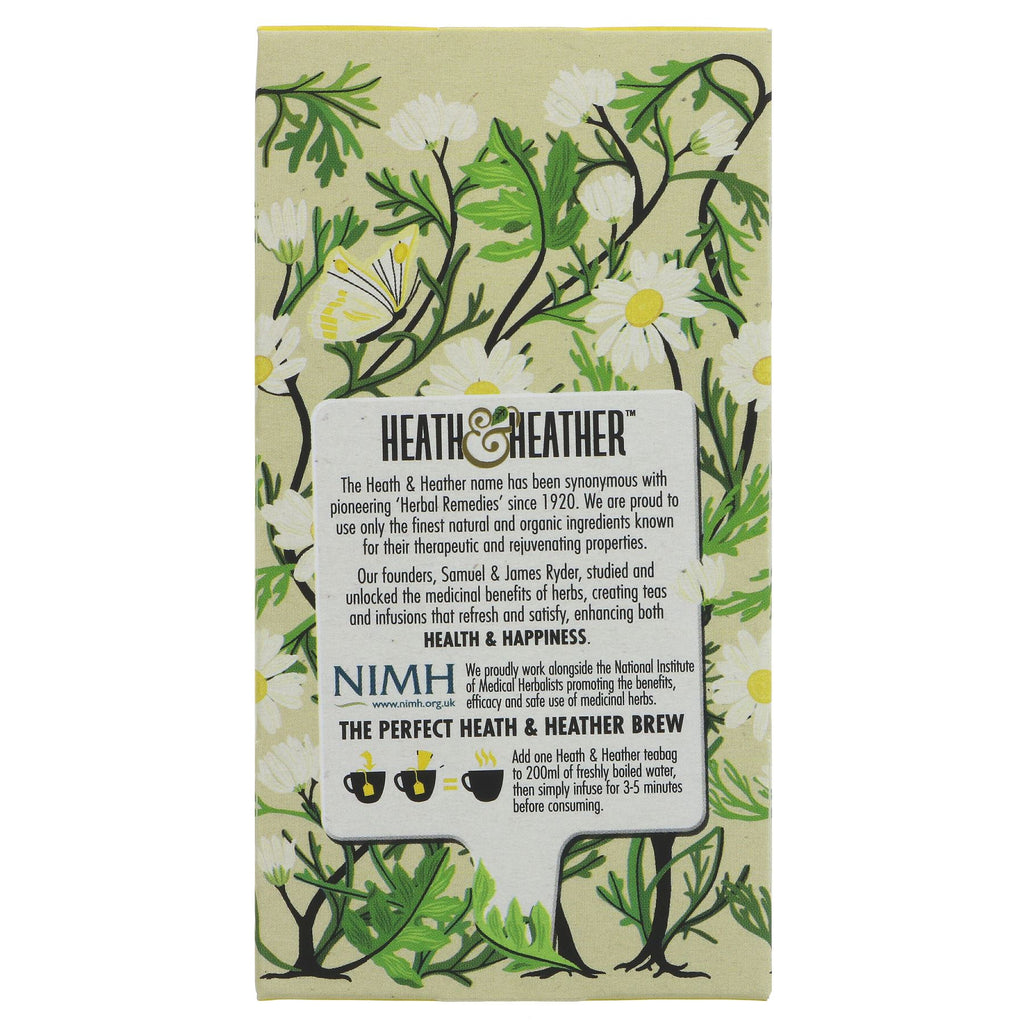 Organic and Vegan Camomile tea from Heath And Heather. Soothing taste for unwinding or bedtime ritual. 20 bags, no VAT.