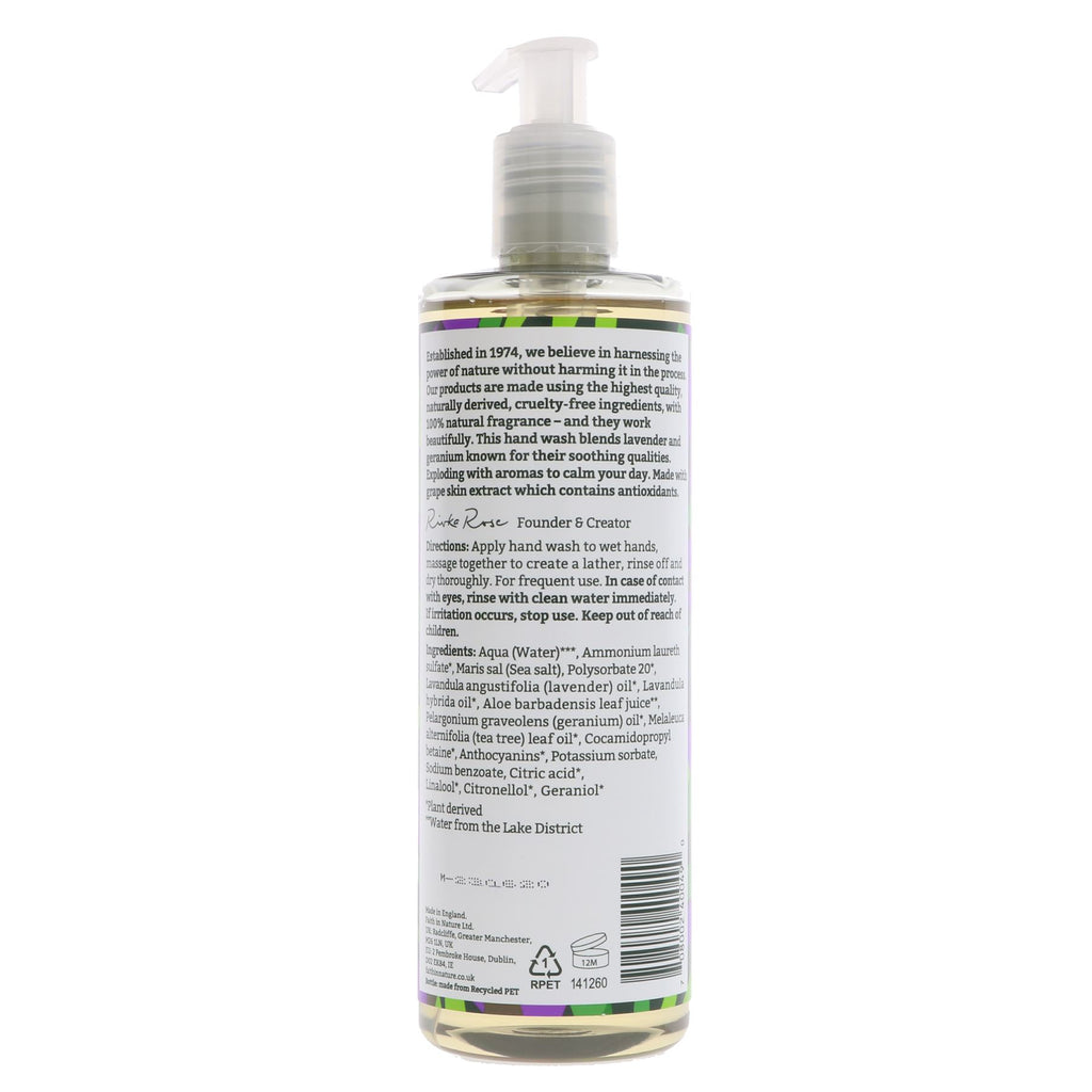 Calming Lavender Geranium Hand Wash. 400ml. 100% natural, free from harmful chemicals. Perfect for daily use. Vegan-friendly.