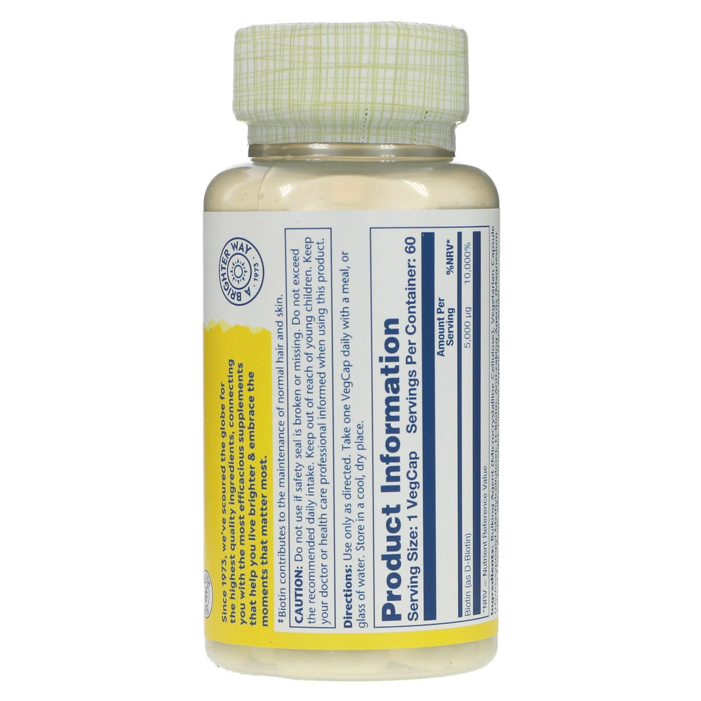 Solaray Biotin Timed Release 5000ug - Gluten-free, vegan supplement for healthy liver, hair, eyes & more.