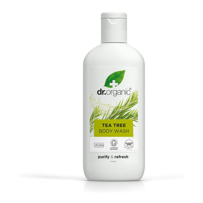 Organic & vegan Tea Tree Bodywash by Dr Organic. Refreshing & nourishing, perfect for a natural cleansing experience.
