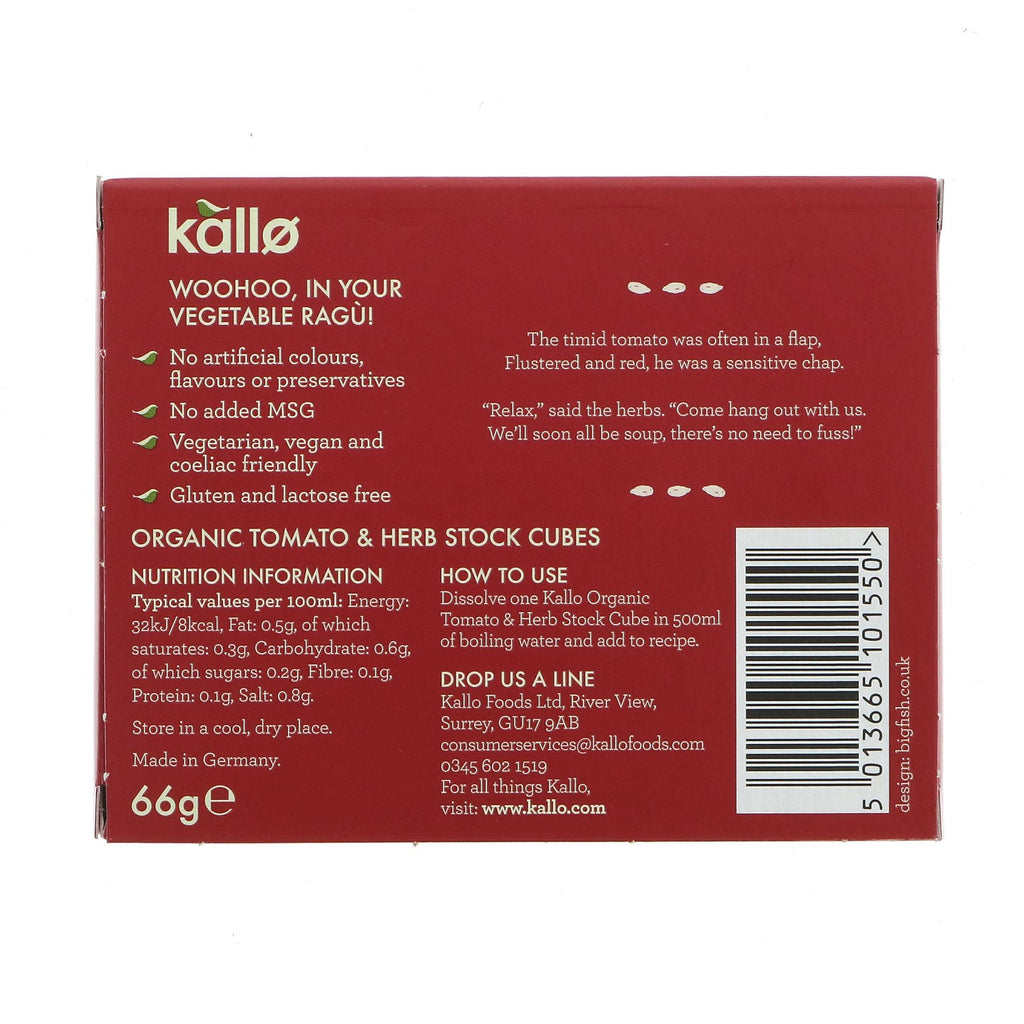 Kallo Organic Tomato & Herb Stock Cubes - gluten-free, vegan, no added sugar. Perfect for natural flavor.