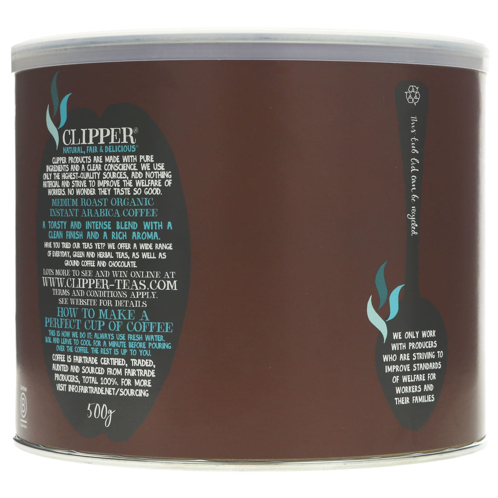 Clipper Instant Fairtrade Organic Coffee - Rich, smooth & chemical-free Arabica coffee beans. Vegan-friendly & VAT-free. 500G.