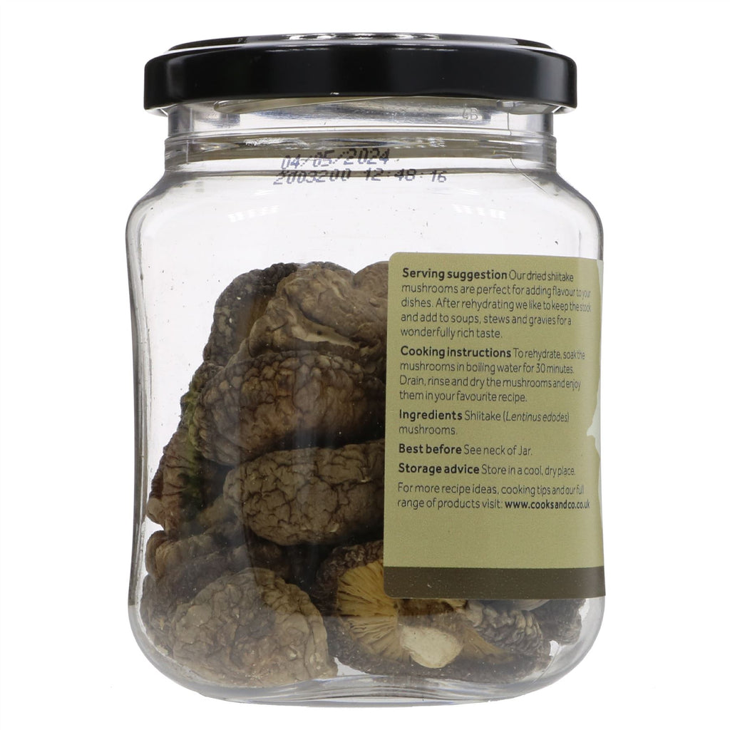 Cooks & Co Dried Shii-take Mushrooms - rich, earthy flavor, perfect for soups, stews, and stir-fries. Vegan.
