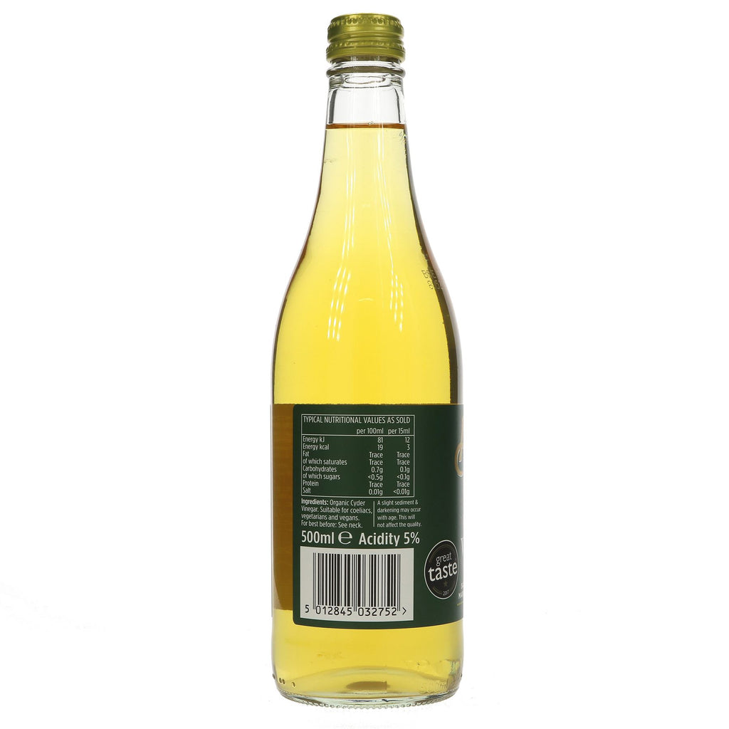 Organic Cyder Vinegar made from whole English apples. Perfect for cooking, dressings, and marinades. Vegan, unpasteurized, and preservative-free.