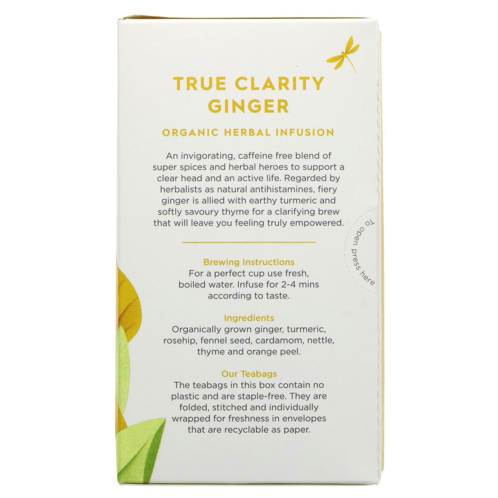 Dragonfly Tea's True Clarity Ginger - Ginger, Turmeric, Thyme | 20 bags. Organic, vegan blend for a clear head and active life.