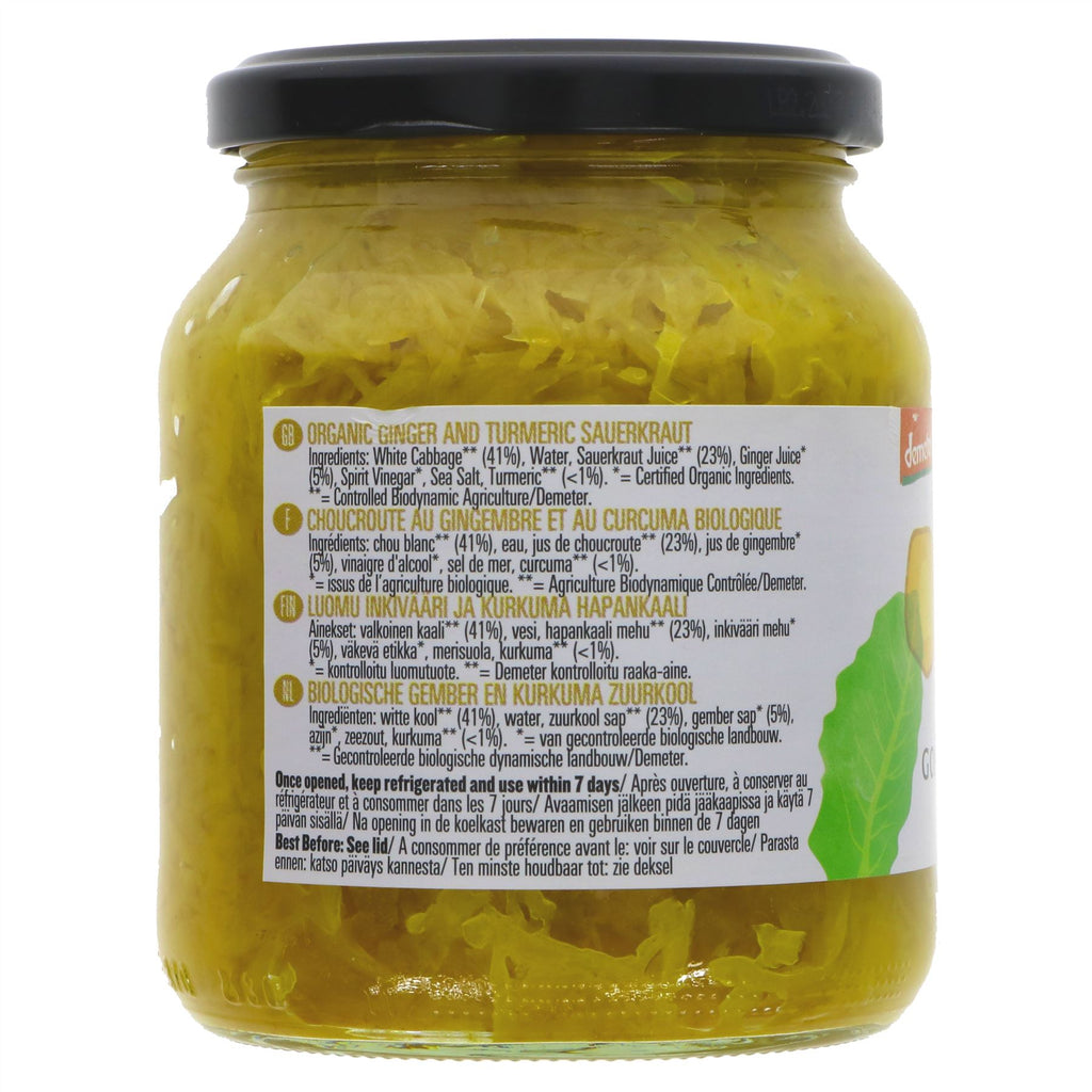 Organic Biona Sauerkraut Golden Turmer - Add a zing to your meals with fresh turmeric and ginger. Perfect for salads, wraps, burgers, and more. Vegan and organic.