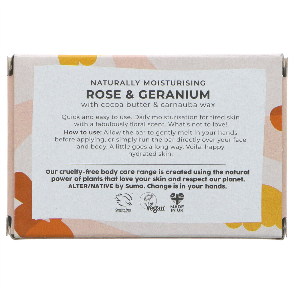 Luxurious vegan moisturising bar with rose, geranium and orange oils. Handmade with natural ingredients for tired skin in need of hydration.
