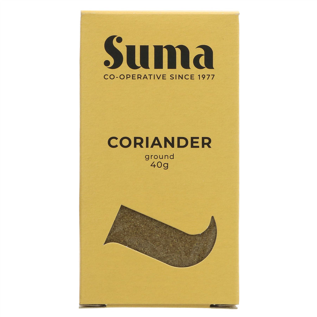 Suma ground coriander - perfect for curries, soups and stews. Vegan and VAT-free. Part of Superfood Market's milled spices range.
