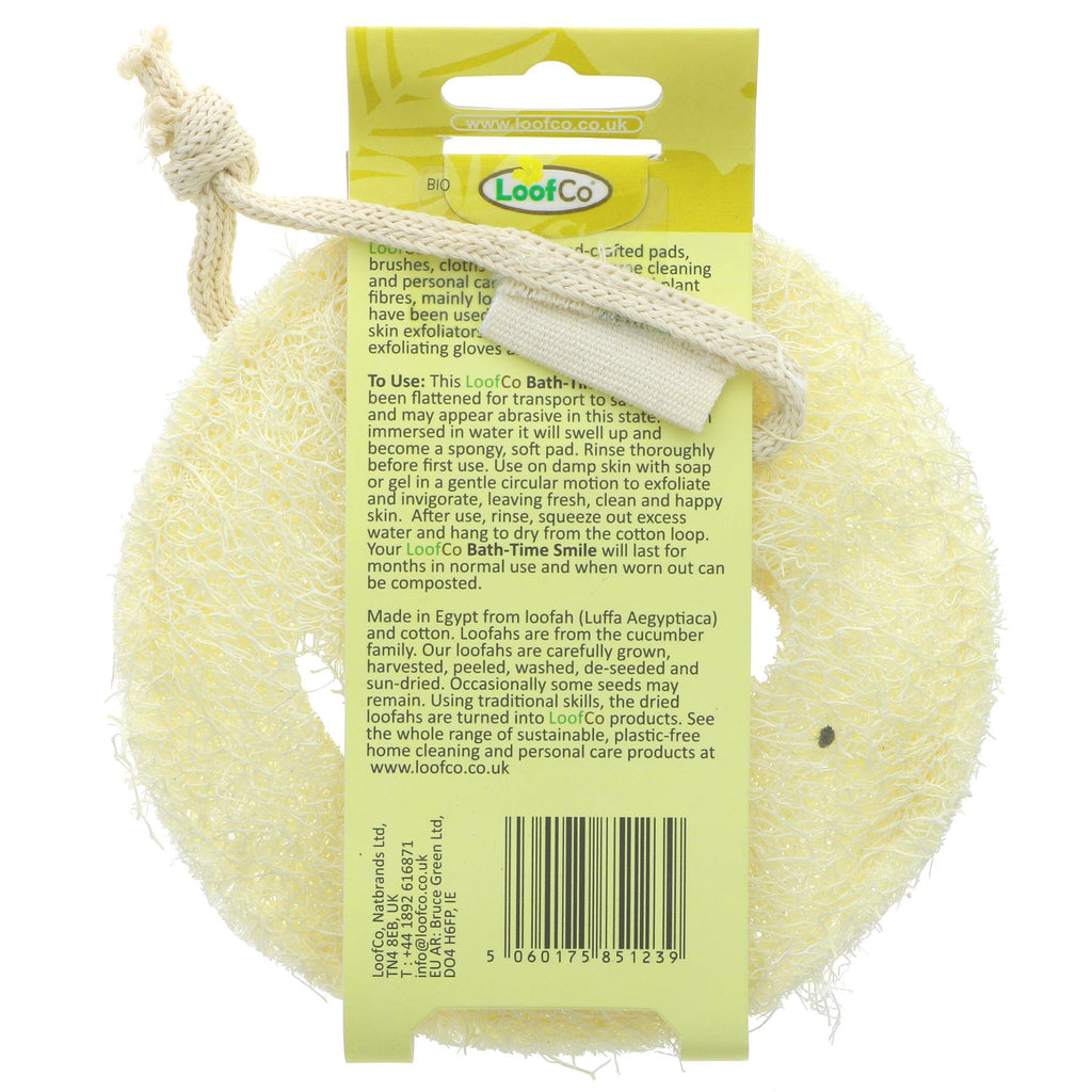 Natural Bath-Time Smile Loofah for exfoliating and invigorating your skin. Vegan, plastic-free, with cotton hanging loop.