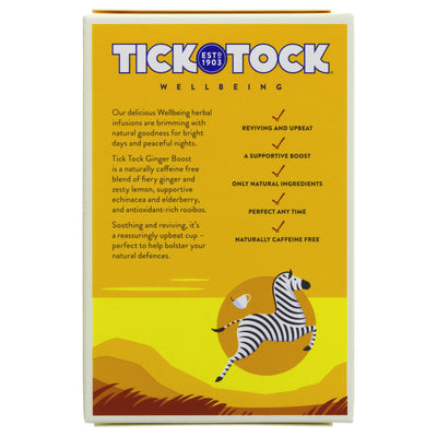 Tick Tock's Ginger Boost Tea: Vegan blend of ginger, lemon, elderberry & rooibos. Soothes & revives. With echinacea & antioxidant-rich rooibos.