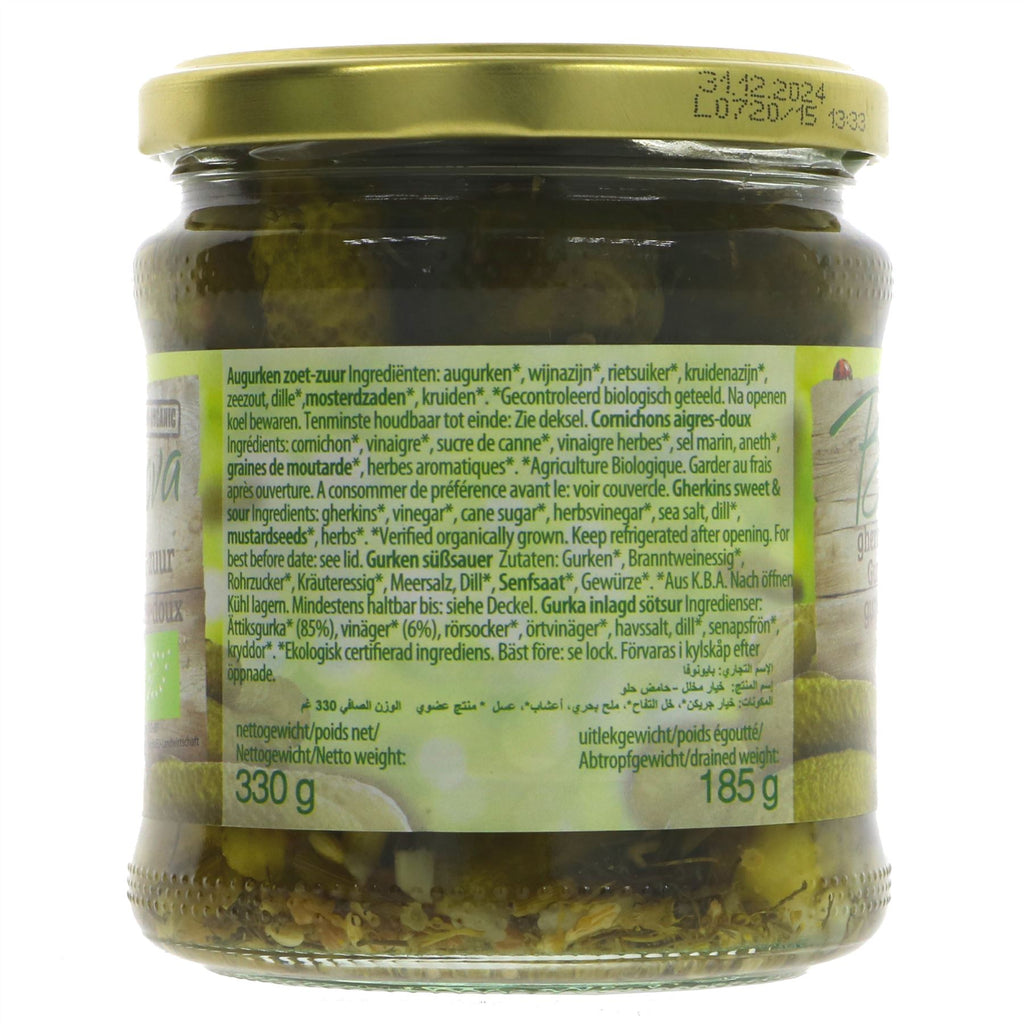 Organic, vegan gherkins with perfect sweet and sour balance. Great for salads, sandwiches or snacking. No VAT.