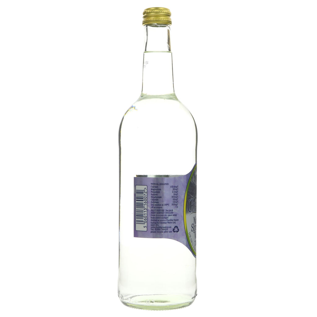 Cheddar Natural Spring Sparkling Water, 750ml. Organic & Vegan. From the land of Cheddar, Somerset.