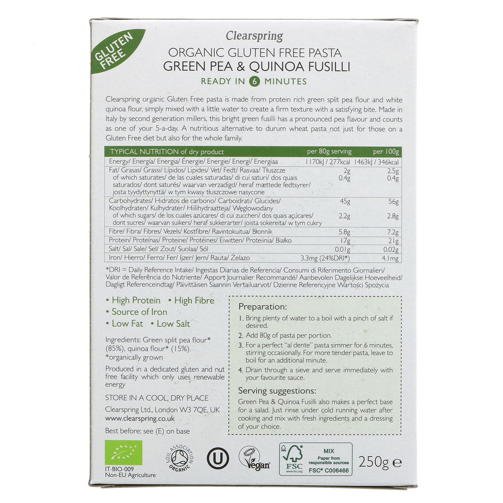 Clearspring Green Pea & Quinoa Fusilli - GF, organic, vegan pasta with firm texture & delicious pea flavor. Perfect for any dish!