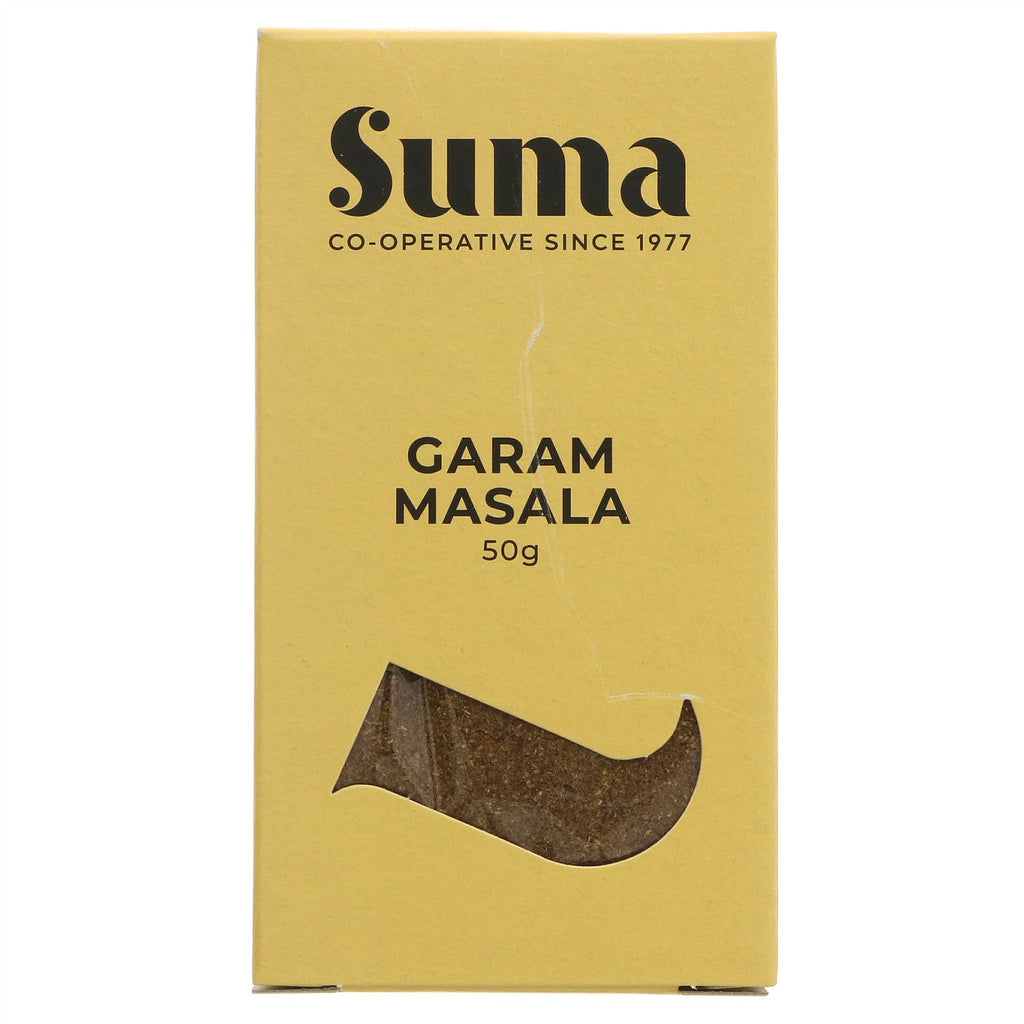 Suma's Vegan Garam Masala - Perfect for Indian dishes. No VAT charge. Milled Spice sold by Superfood Market since 2014. Vegan product.