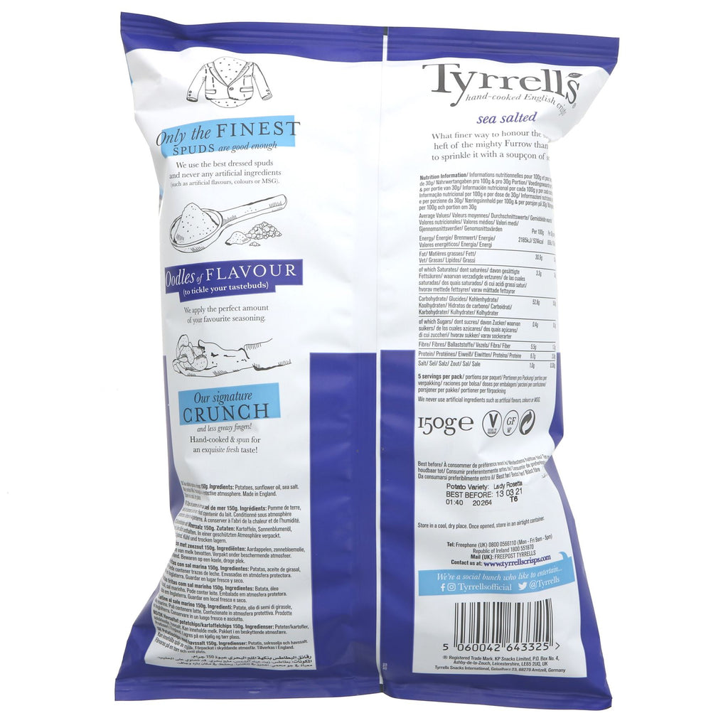 Tyrrells Sea Salted Crisps: Vegan & Hand-Cooked with Lady Rosetta Potatoes. Perfect for snacking or dipping.