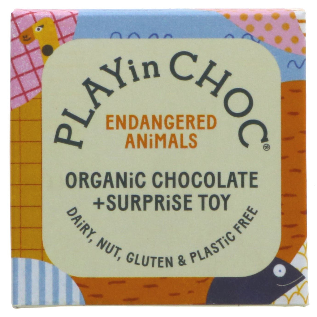 Organic Playin Choc Endangered Animal Surprise - guilt-free vegan chocolate and toy combo, gluten & plastic-free, perfect for gifting.
