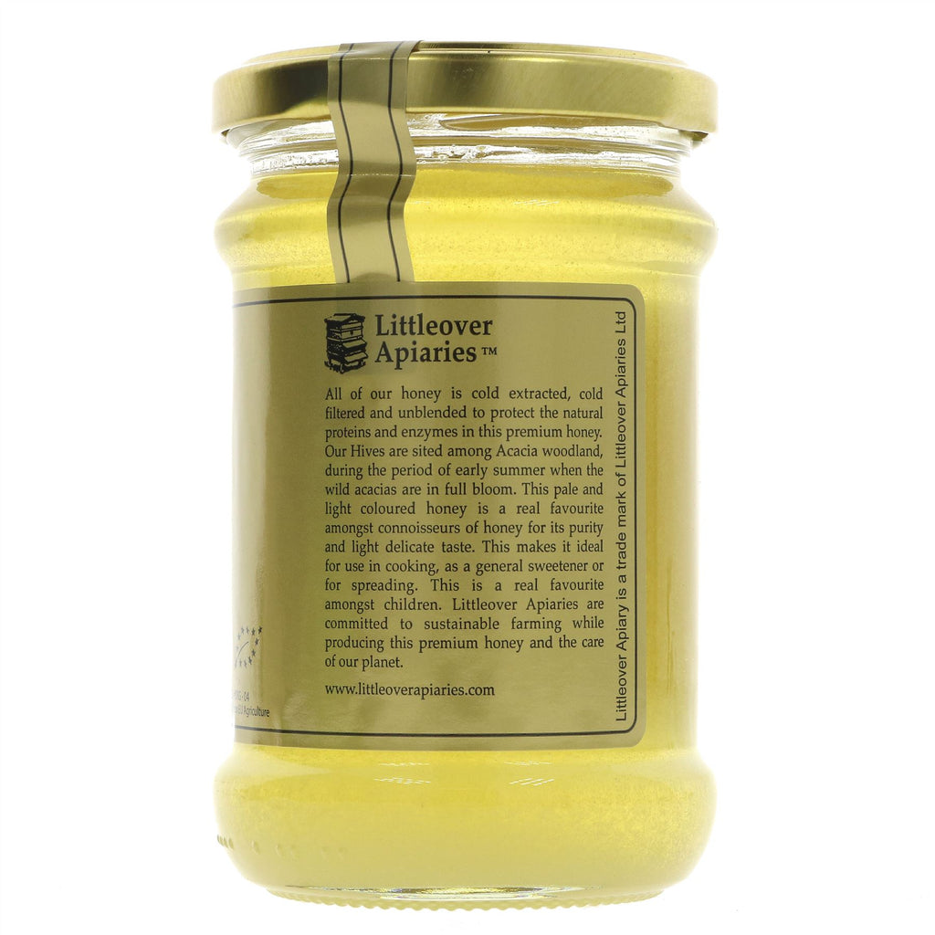 Littleover Apiaries' Organic Acacia Honey - Sweet, natural, and organic. Perfect for toast or tea. No VAT charged.