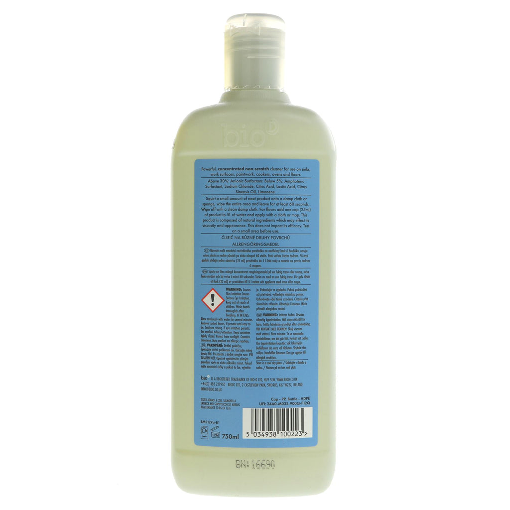 Eco-friendly, vegan Multi Surface Sanitiser by Bio D. Non-scratch, concentrated formula for most surfaces.