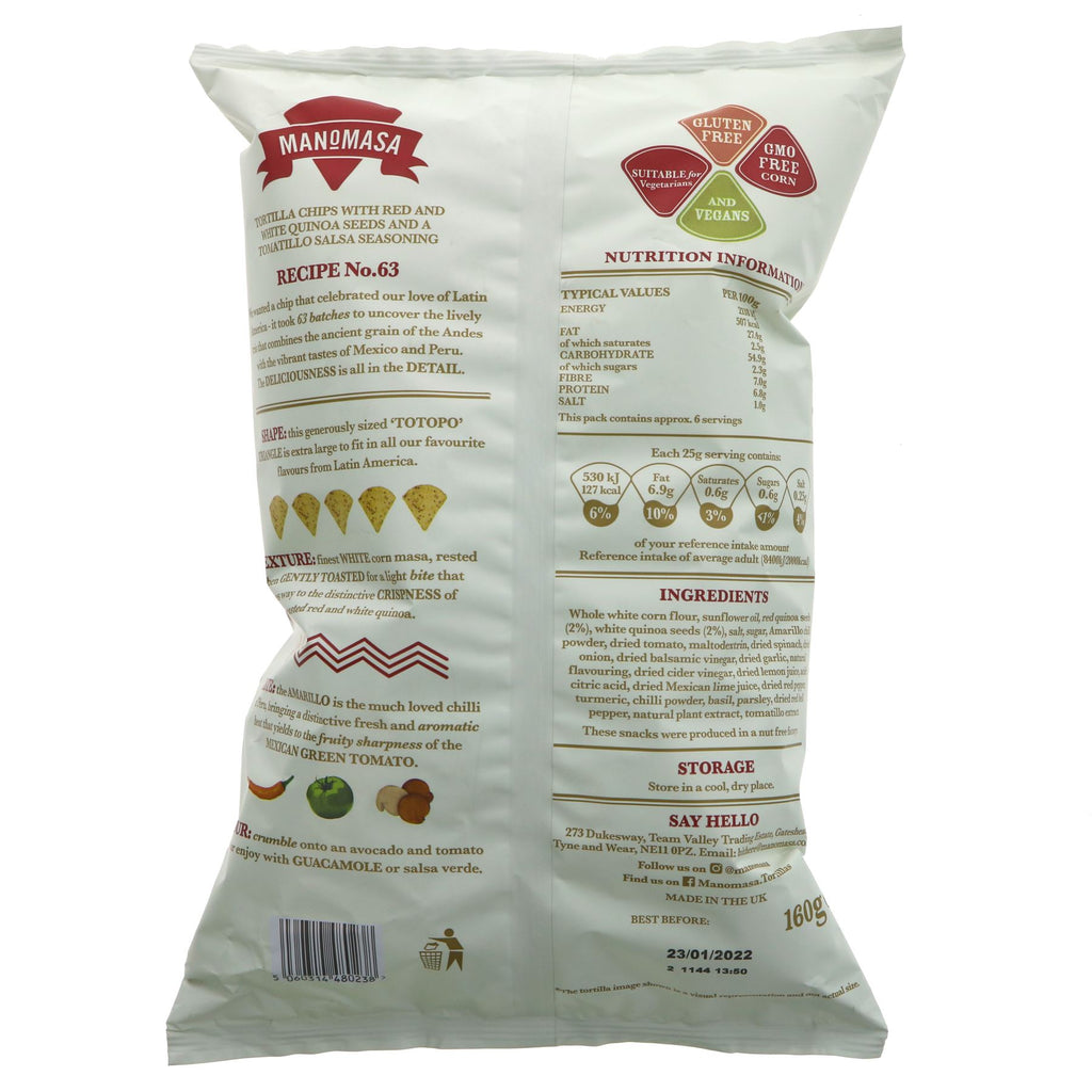 Manomasa Tomatillo Salsa Tortilla Chips. Zesty, vegan & made with all-natural ingredients for perfect snacking. No VAT.