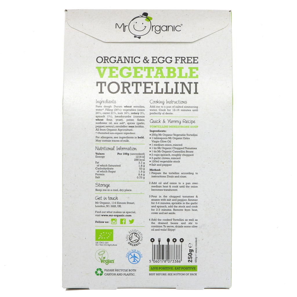 Mr Organic's Egg-Free Veg Tortellini - Organic & Vegan, Filled w/ Carrots, Onions, Leeks, Celery & Spinach 250g - Superfood Market.