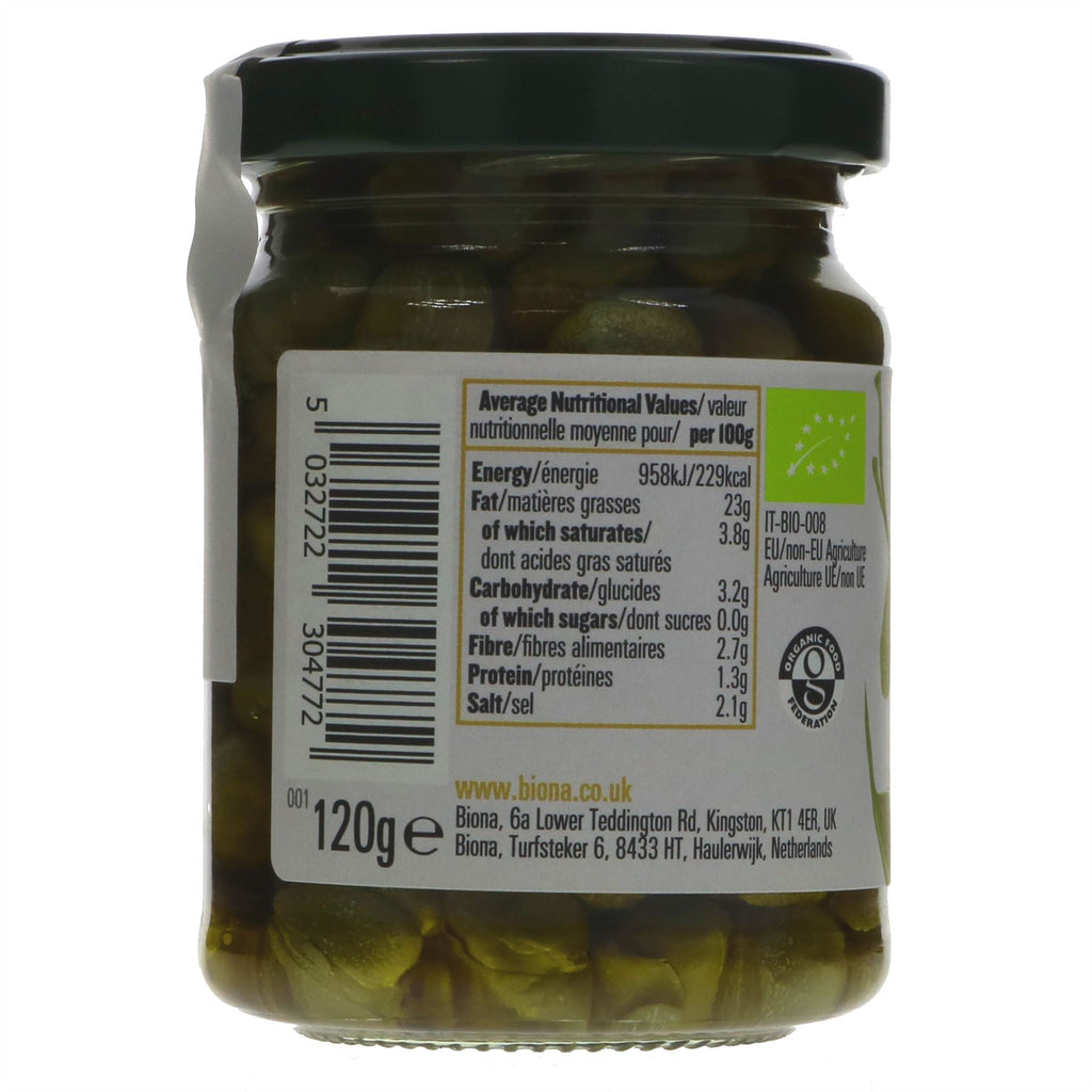 Organic & Vegan Capers in Olive Oil by Biona - 120G. Perfect for salads, pasta & fish dishes. No VAT charged.