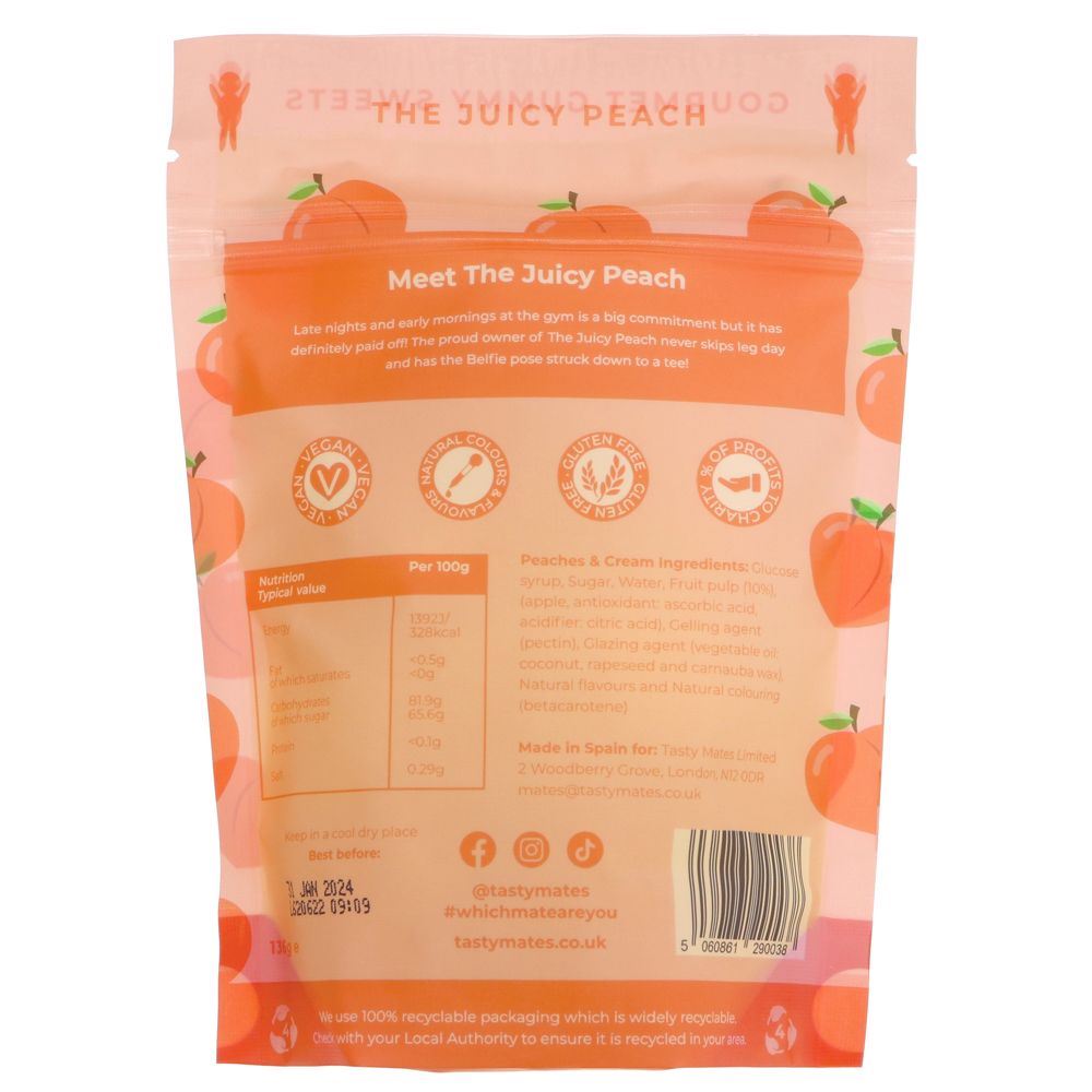 Tasty Mates Juicy Peach Gourmet Gummies - 136g, guilt-free snacking made with natural flavours and colours, vegan and gluten-free!