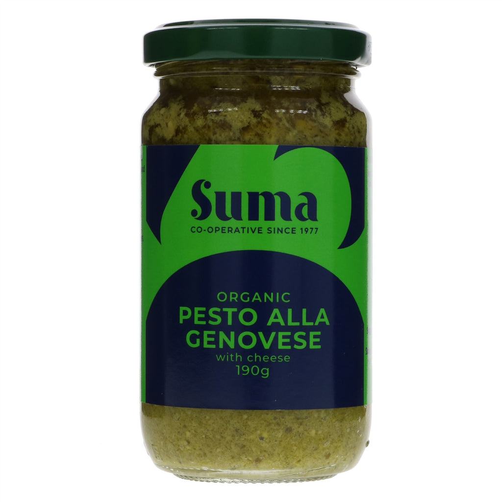 Suma Organic Pesto Alla Genovese: Fresh basil, pine nuts & Grana cheese. Made in Italy, perfect for pasta, sandwiches, dips. 190g. #Organic #Pesto