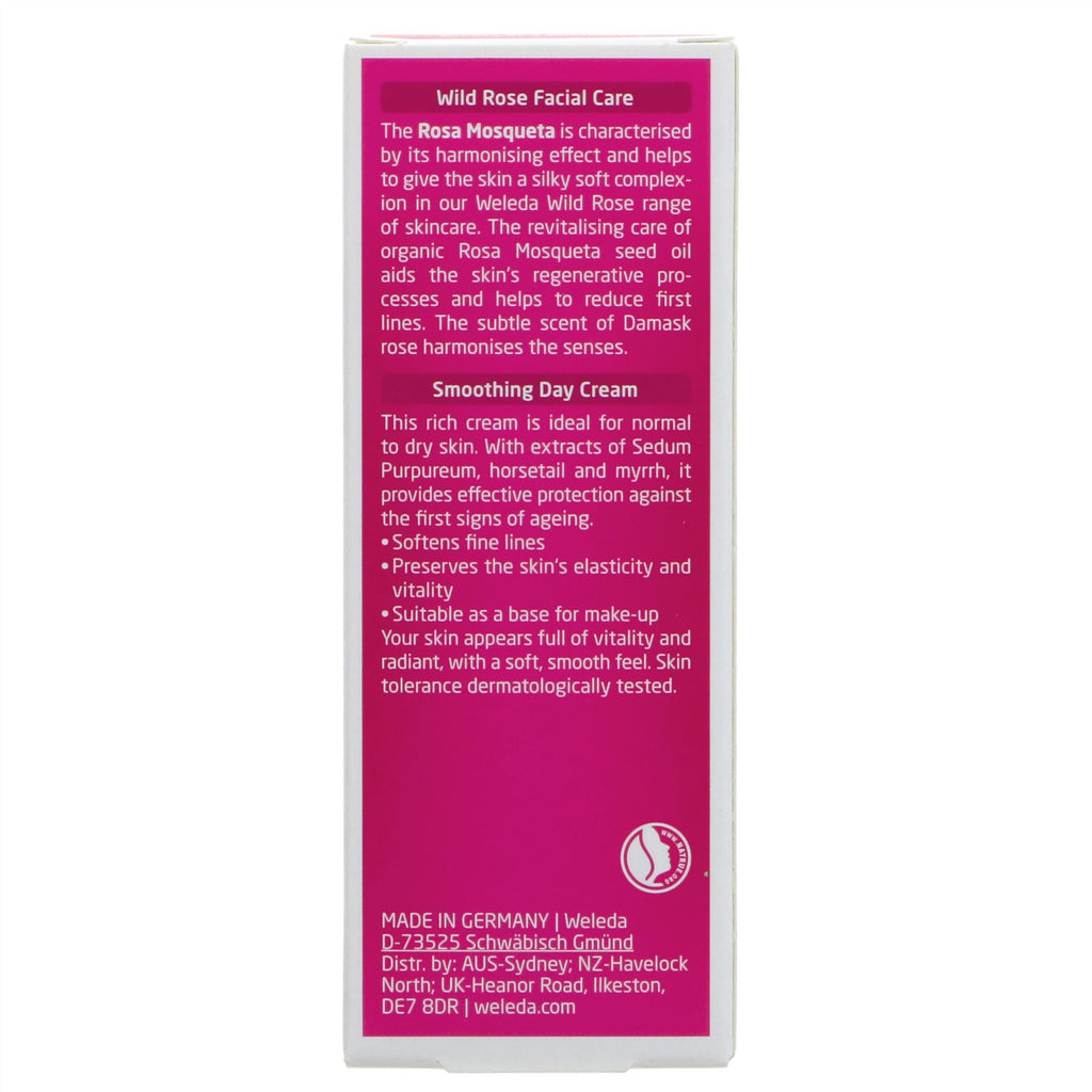 Luxurious Weleda Wild Rose Smoothing Day Cream with organic musk rose seed oil & rose petals softens lines & maintains skin tone for youthful radiance.