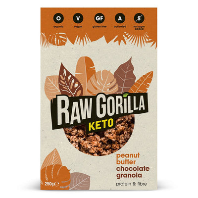 Peanut Butter Choc Granola by Raw Gorilla: Gluten Free, Organic, Vegan. Enjoy this delicious & nutritious treat for breakfast or as a snack.