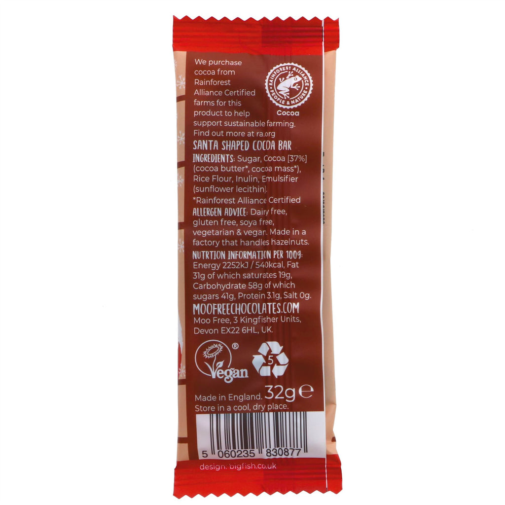 Mini Moos Santa Bar, a festive treat made from cocoa, sugar, and rice. Gluten-free, vegan, and no added sugar. Perfect for snacking.