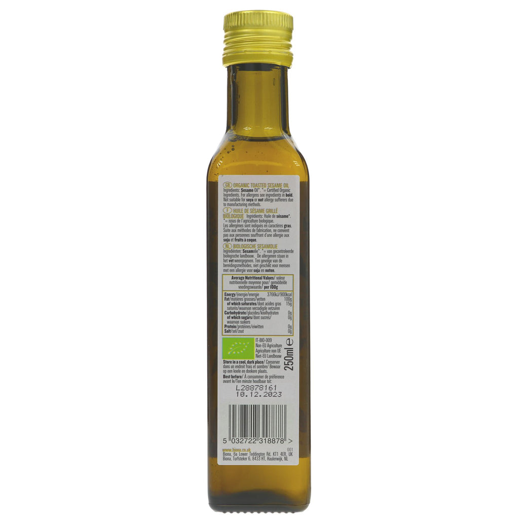 Toasted organic sesame oil, cold-pressed and vegan-friendly. Add depth to stir-fries, dressings, and marinades. No VAT charged.