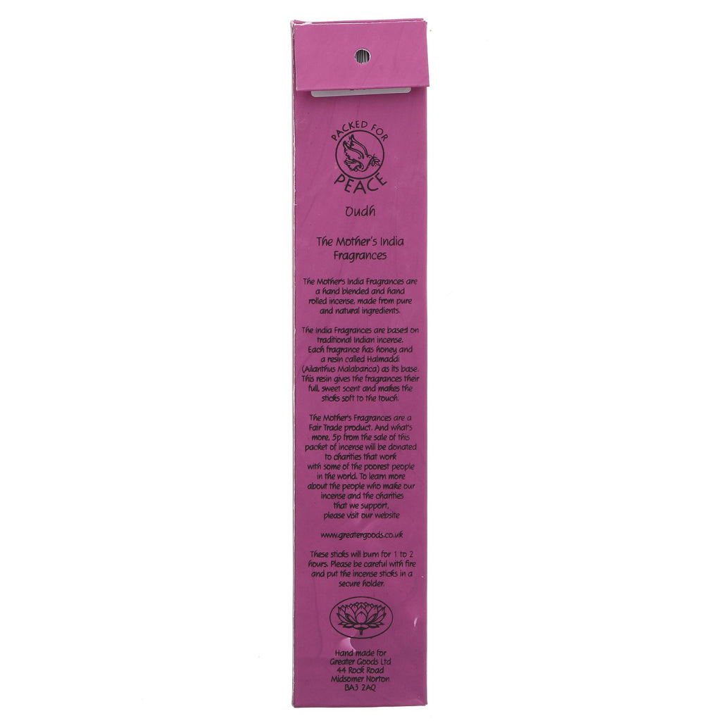 Fairtrade Oudh Sensuous Incense - 20 sticks for luxury relaxation at home. From The Mother's India Incense collection.