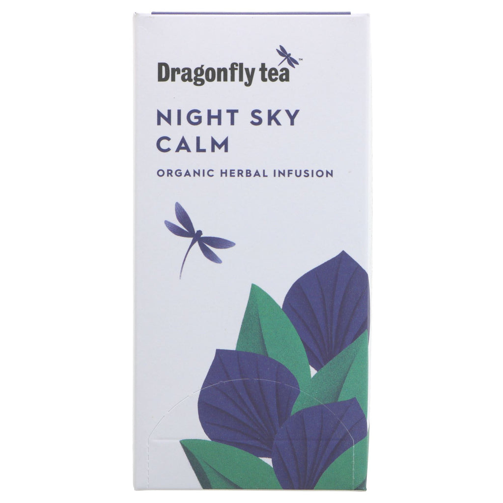 Dragonfly Tea's Night Sky Calm: Organic, Vegan, Chamomile Tea blended with Valerian & Sage for restful sleep.