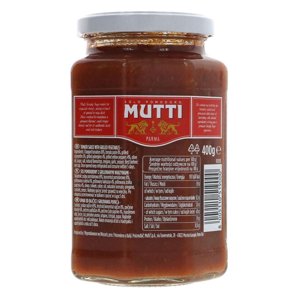 Mutti Tomato Pasta Sauce - Grilled Veg | No Added Sugar | Vegan | 400G