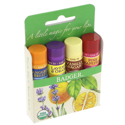 Badger Balm | Lip Balm Sticks - Yellow Pack - Tangerine, lavender, vanilla, pink grapefruit | sticks