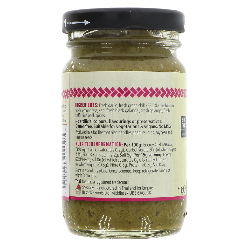 Thai Taste Green Curry Paste | Gluten-free, Vegan | Authentic Thai flavour with green chilli, lemongrass, and kaffir lime. Ideal for meat, fish, or veggie dishes.