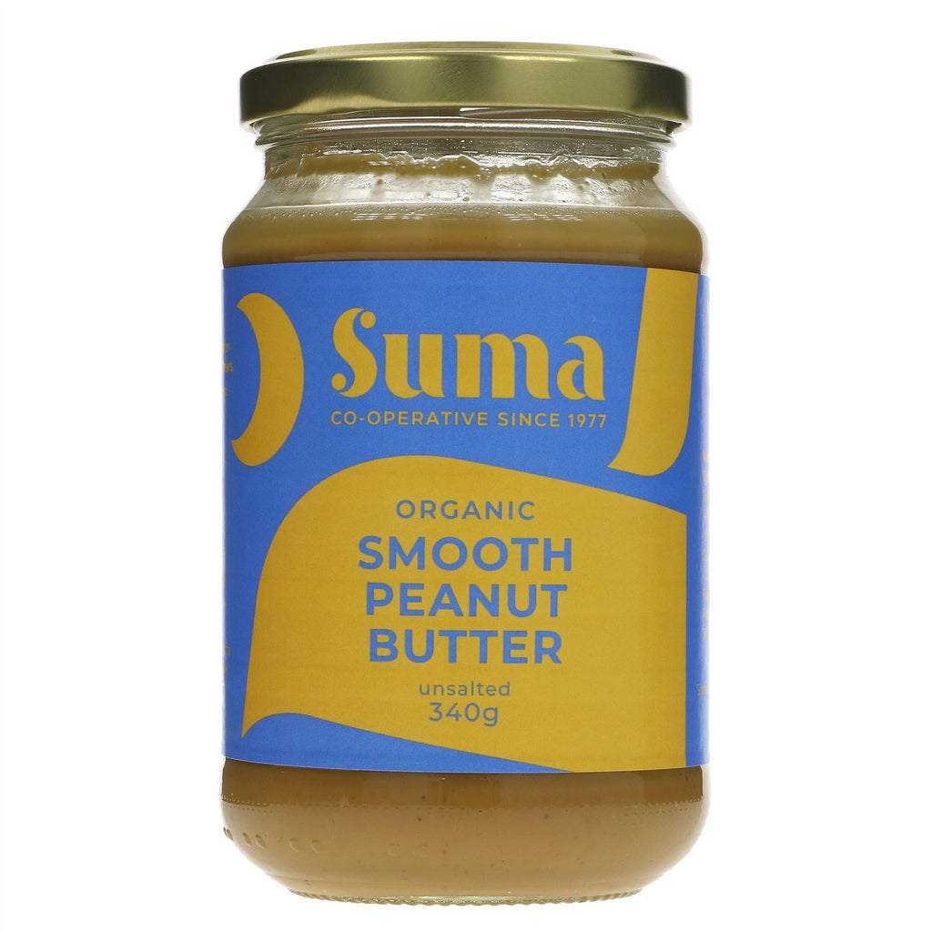 Organic Smooth No Salt Peanut Butter - made with top-grade organic peanuts. Perfect for vegans and vegetarians. No added sugar, oils, or gluten.