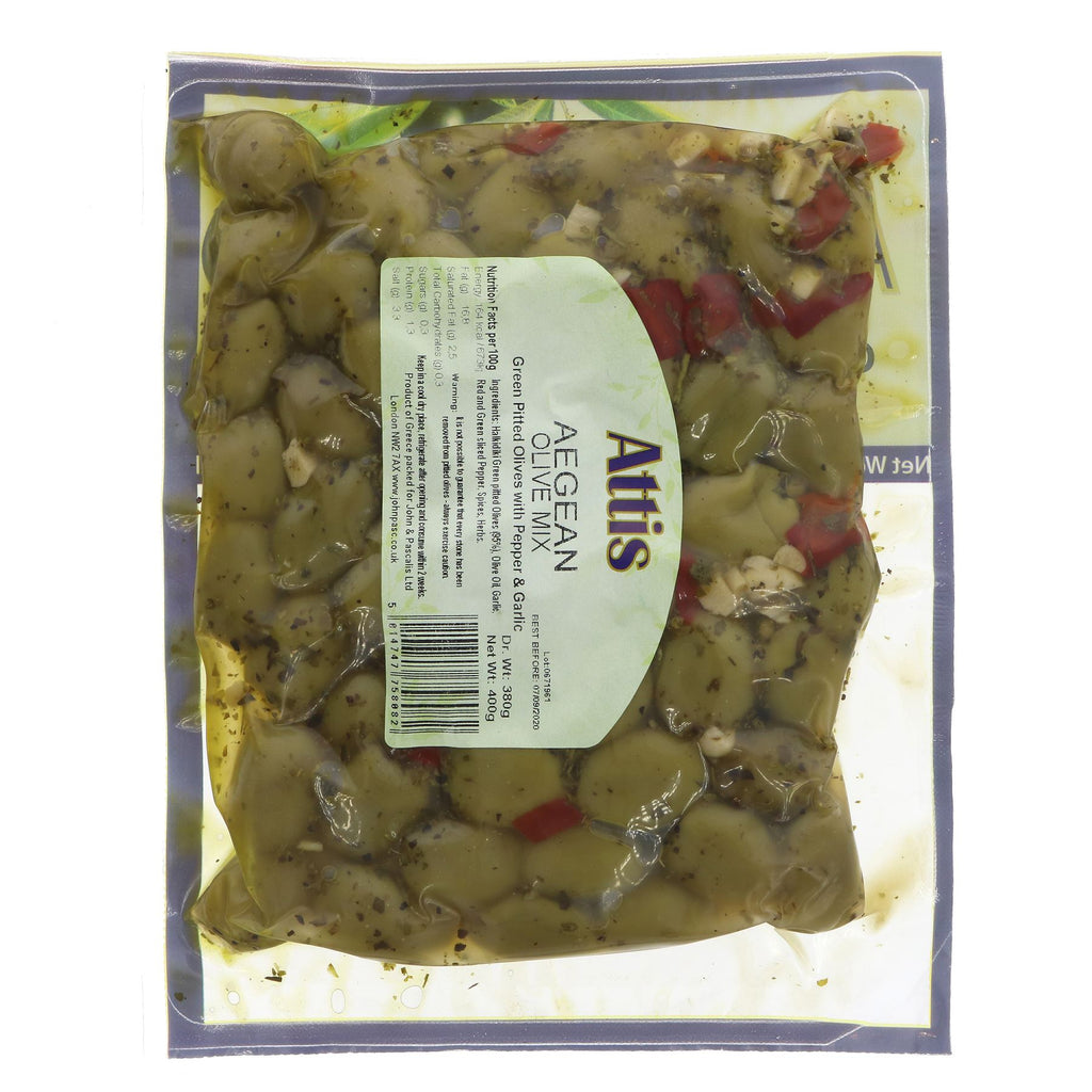 Attis Gourmet Aegean Pitted Green Olives - vegan, made with extra virgin olive oil & herbs. Perfect for salads, pizza toppings, or as an appetizer.