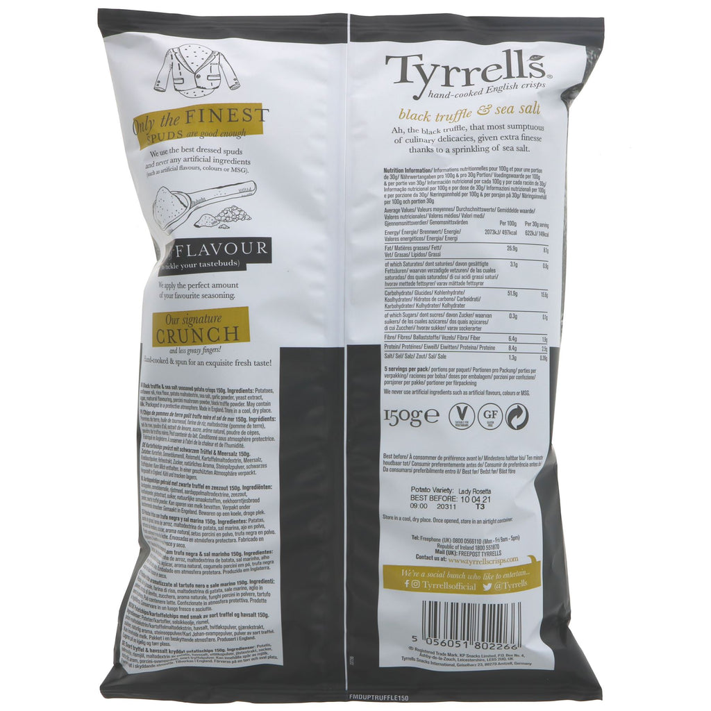 Tyrrells Black Truffle & Sea Salt crisps: gluten-free, vegan, and no added sugar. Perfect for snacking anytime.