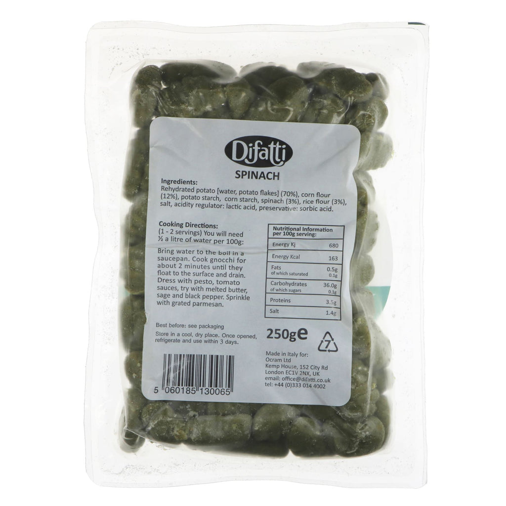 Gluten-free, vegan Spinach Gnocchi by Difatti - 250g. Perfect for dietary restrictions. Enjoy with your favorite sauce.